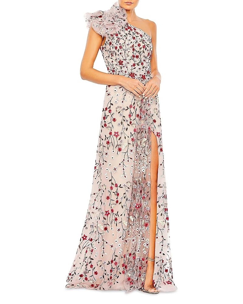 Mac Duggal Embellished Ruffled One Shoulder A Line Gown