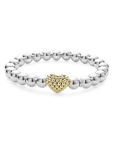 Lagos 18K Yellow & Sterling Silver Signature Caviar Heart Beaded Stretch Bracelet