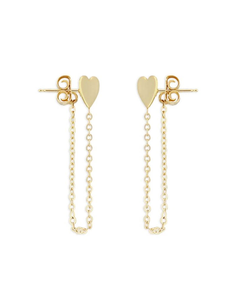 14K Yellow Gold Heart Chain Drop Earrings