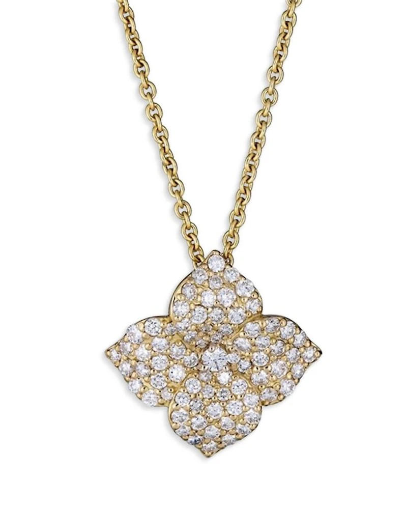 18K Yellow Gold Diamond Small Flower Necklace, 16"