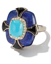 Turquoise, Onyx, Lapis Lazuli & Diamond Statement Ring in 14K Yellow Gold