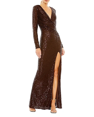 Mac Duggal Sequined Long Sleeve Faux Wrap Ruched Gown