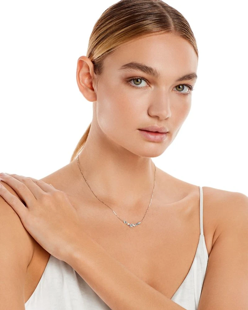 Aquamarine & Diamond Accent Curved Bar Necklace in 14K White Gold, 17"