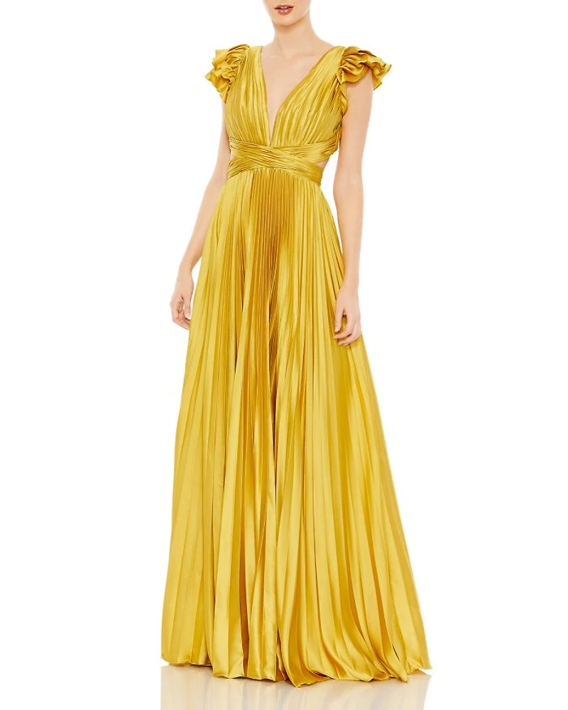 Pleated Ruffled Cap Sleeve Cut Out Lace Up Gown