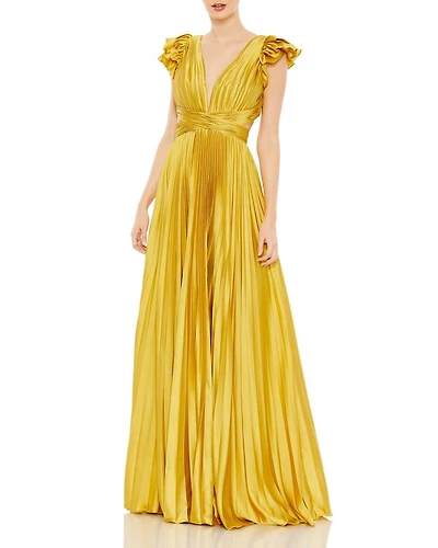 Pleated Ruffled Cap Sleeve Cut Out Lace Up Gown