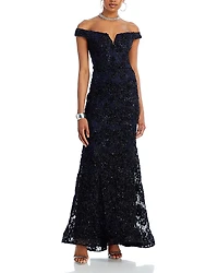 Aqua Off-the-Shoulder Embellished Lace Gown