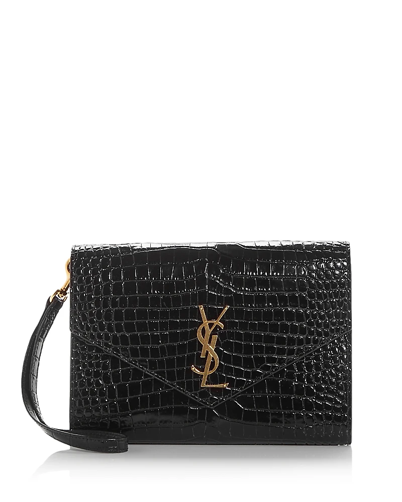Saint Laurent Monogram Croc Embossed Leather Clutch