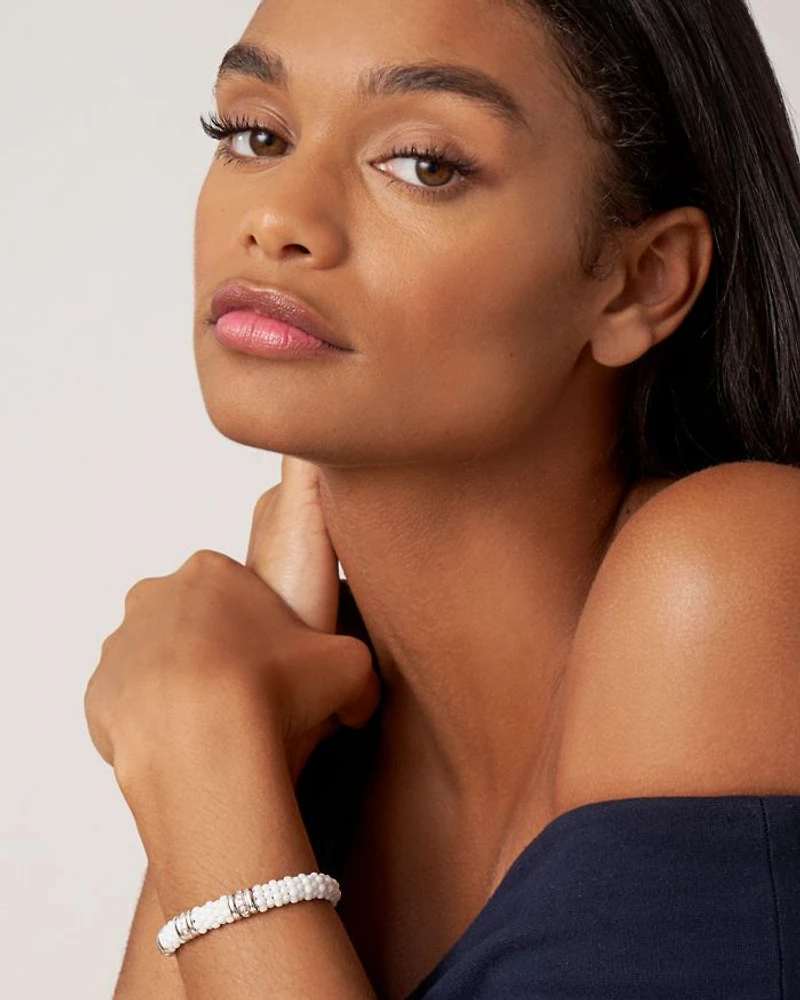 Sterling Silver & Ceramic White Caviar Diamond Three Station Bracelet