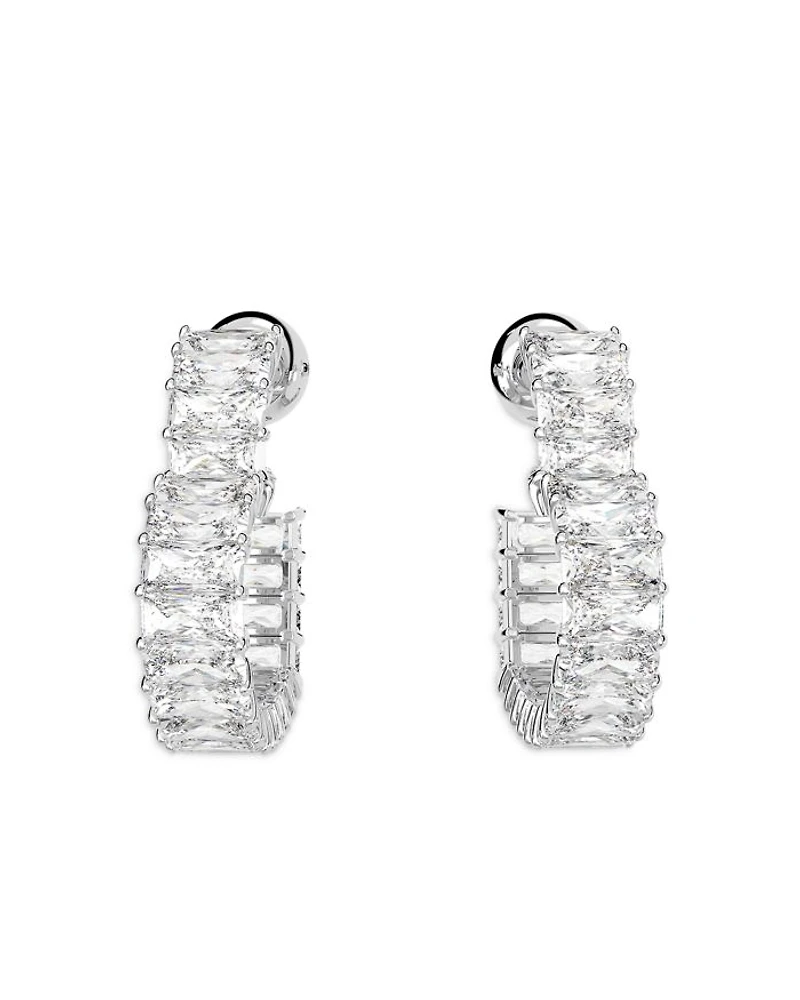 Matrix Baguette Crystal Small Heart Hoop Earrings in Rhodium Plated