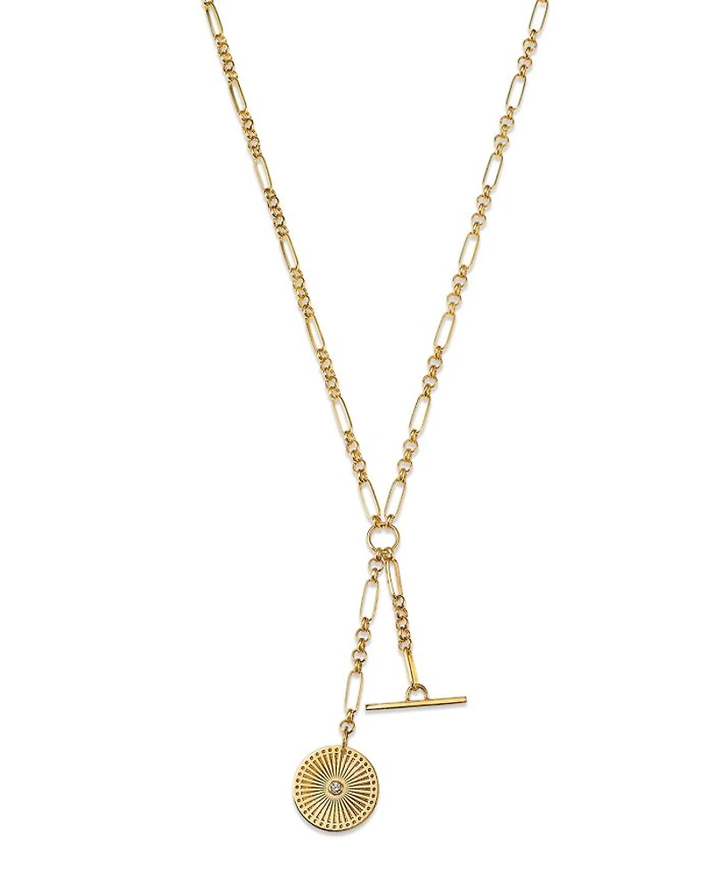 14K Yellow Gold Bezel Diamonds Diamond Sunbeam Medallion Lariat Necklace, 16-18"