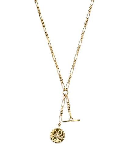 14K Yellow Gold Bezel Diamonds Diamond Sunbeam Medallion Lariat Necklace, 16-18"