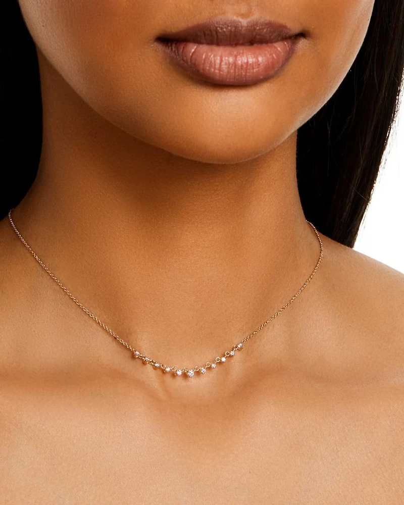 14K Yellow Gold Prong Diamonds Graduated Diamond Collar Necklace, 14-16"