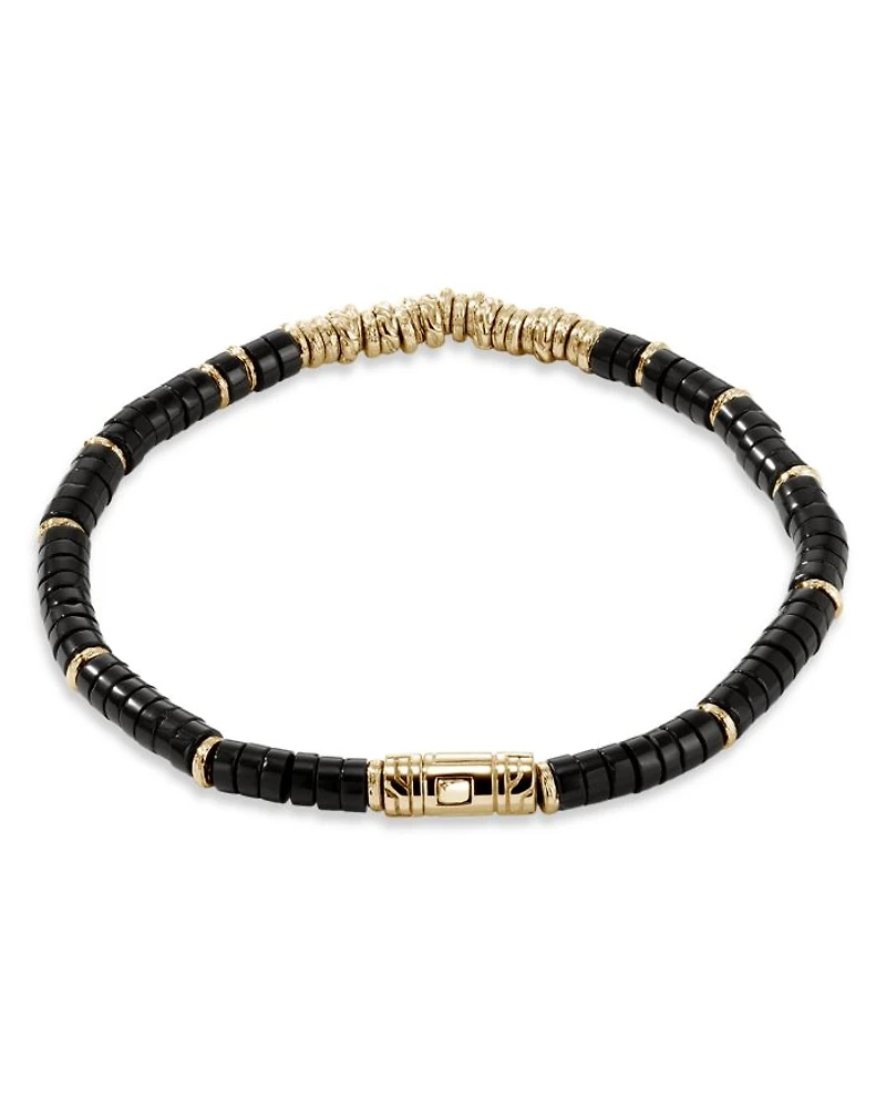 14K Yellow Gold Classic Chain Onyx Heishi Bead Bracelet