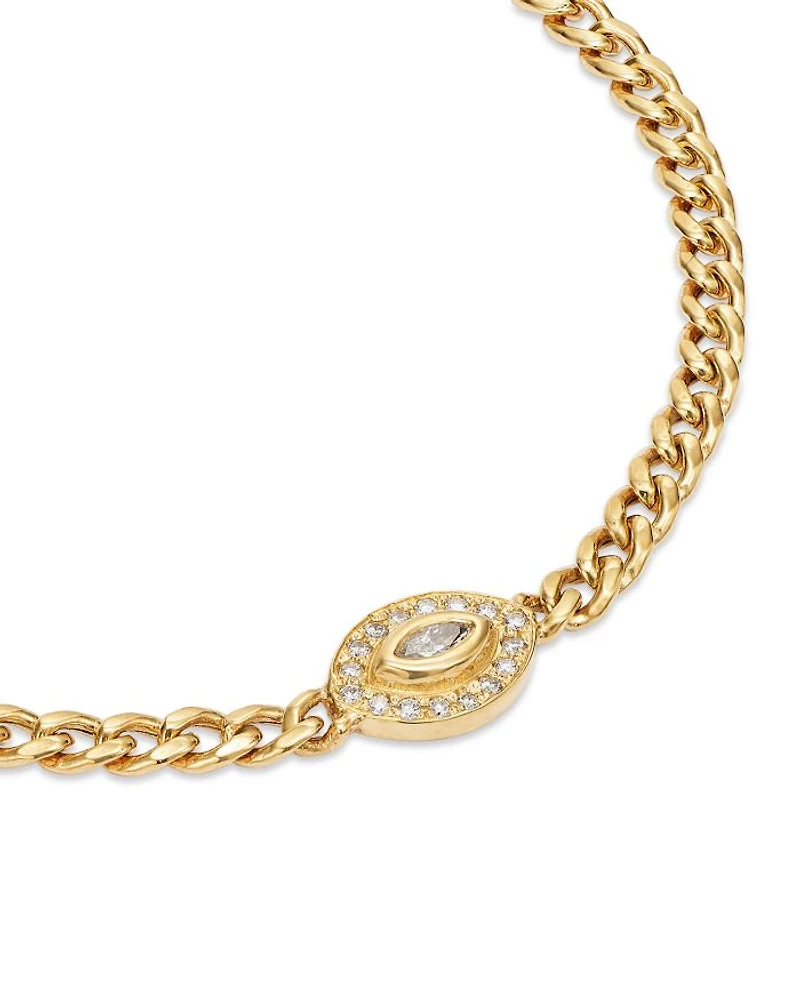 14k Yellow Gold Small Curb Chain Marquise Diamond Halo Bracelet