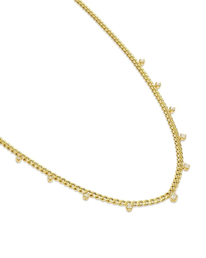 14K Yellow Gold Prong Diamonds Diamond Dangle Curb Link Collar Necklace, 16"