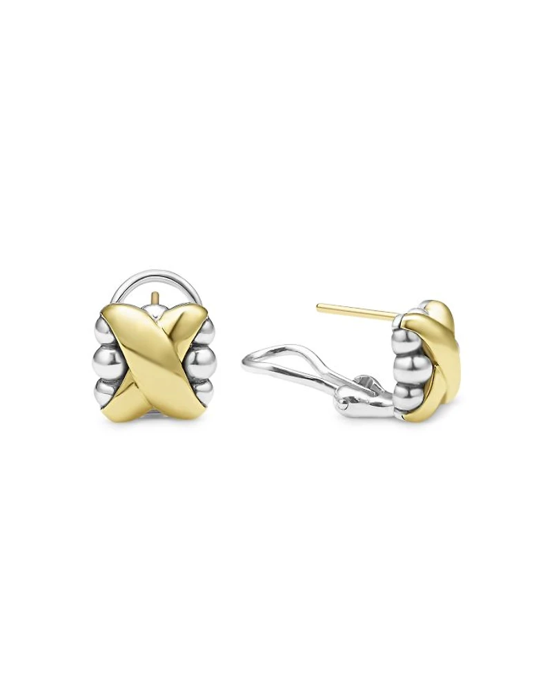 18K Yellow Gold & Sterling Silver Embrace X Dome Caviar Bead Omega Earrings