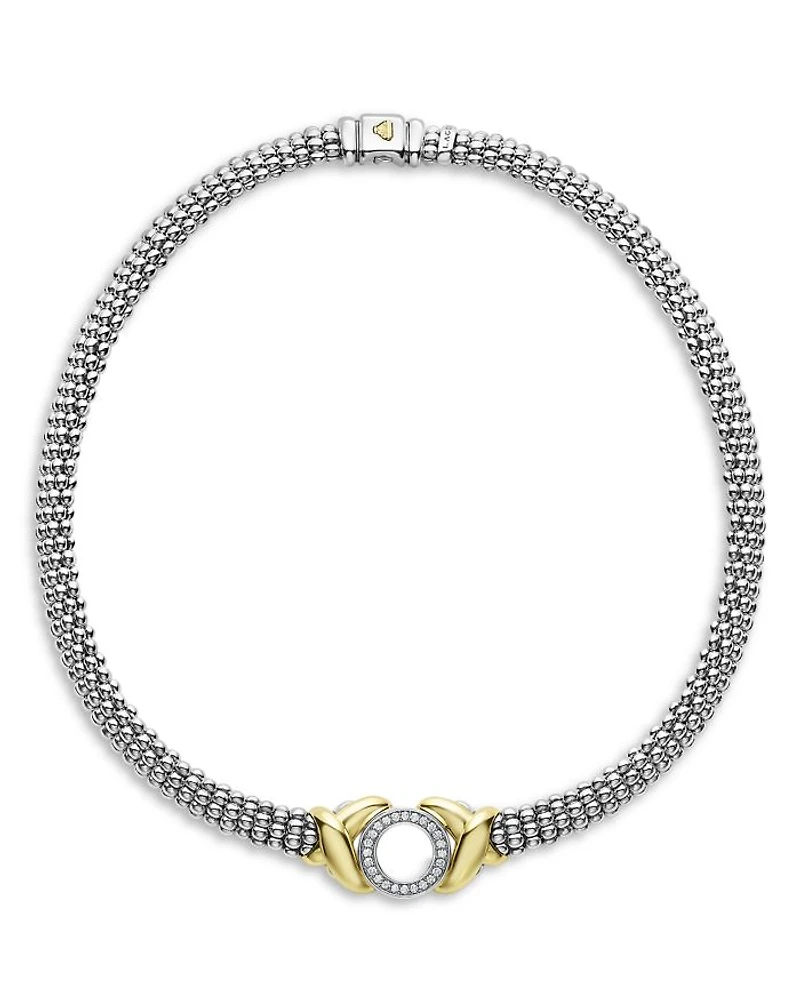 18K Yellow Gold & Sterling Silver Embrace Diamond XO Beaded Collar Necklace, 15"