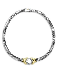 18K Yellow Gold & Sterling Silver Embrace Diamond XO Beaded Collar Necklace, 15"