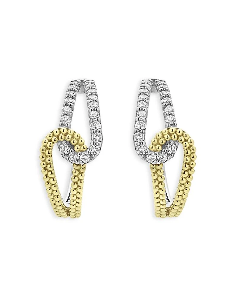 18K Yellow Gold & Sterling Silver Caviar Lux-Clip Diamond Loop Huggie Hoop Earrings - Exclusive
