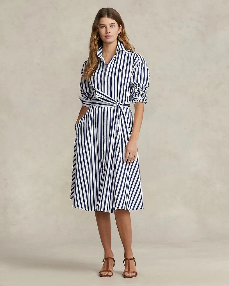 Belted Striped Cotton Shirt Dress