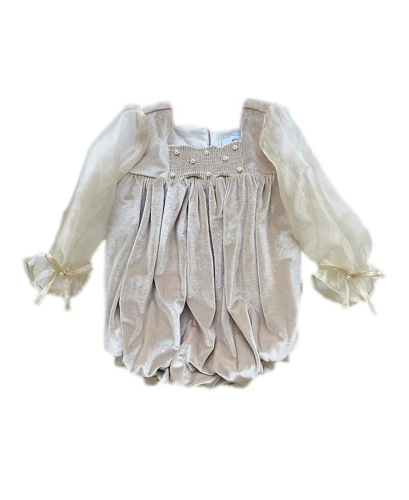 Petite Maison Kids Unisex Petite Maison Helena Velour Romper with Organza Puff Sleeves