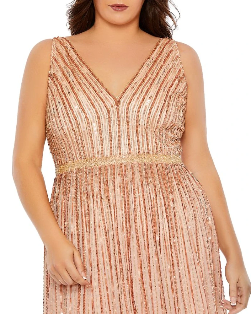 Plus Sequined Striped Sleeveless V Neck A Line  Gown
