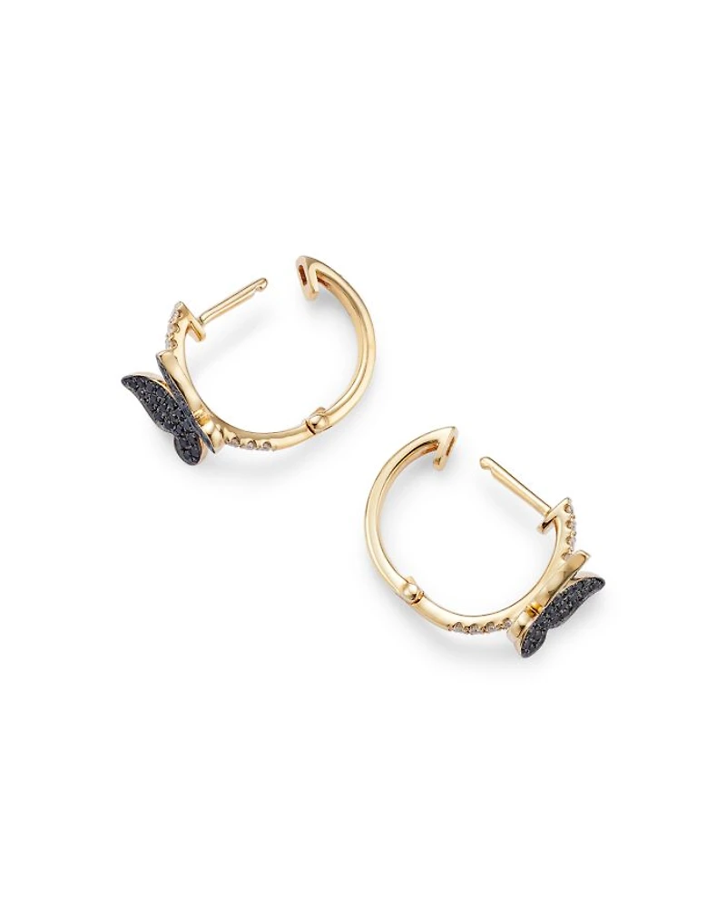 Black & White Diamond Butterfly Hoop Earrings in 14K Yellow Gold, 0.32 tcw