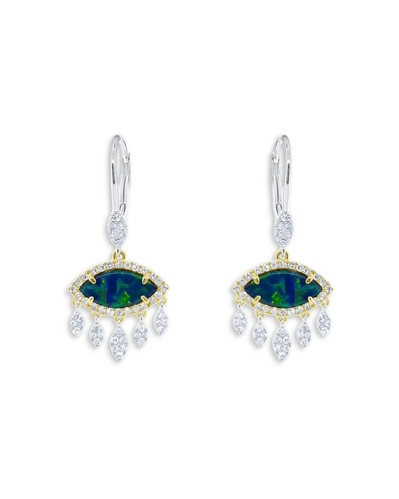14K Yellow & White Gold Opal & Diamond Evil Eye Drop Earrings
