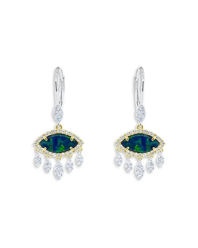 14K Yellow & White Gold Opal & Diamond Evil Eye Drop Earrings