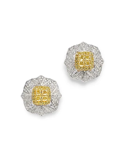 Yellow & White Diamond Vintage Look Halo Stud Earrings in 14K Yellow & White Gold, 3.90 tcw