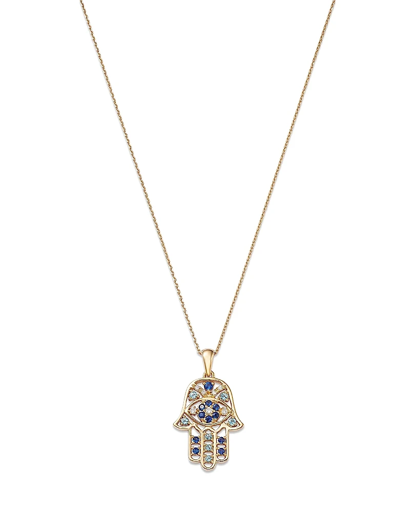 Bloomingdale's Fine Collection Blue Sapphire, Blue Topaz, & Diamond Accent Hamsa Hand Pendant Necklace