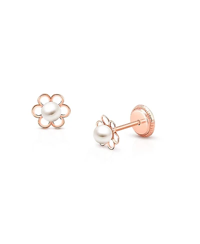 Tiny Blessings Girls' 14K Gold Petals and Cultured Pearls Studs Screw Back Earrings - Baby, Little Kid, Big Kid
