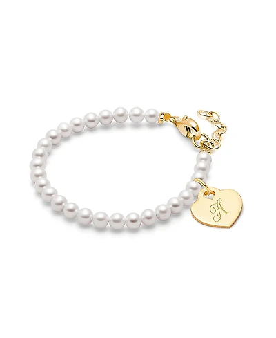 Tiny Blessings Girls 14K Gold 4mm Cultured Pearls & Engraved Initial 6.25" Bracelet - Children