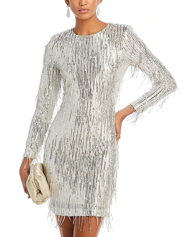 Eliza J Sequin Fringe Long Sleeve Cocktail Dress