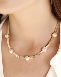Imitation Pearl Dotted Snake Chain Necklace in 18K Gold Plated, 16"