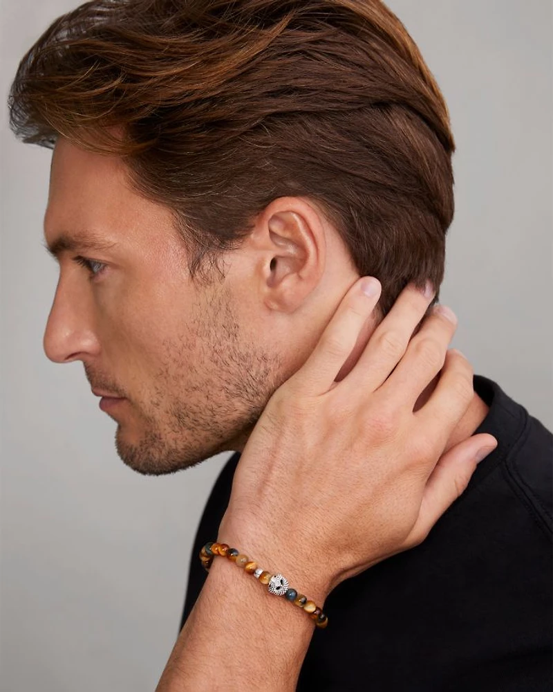 Men's Sterling Silver Anthem Tiger Eye Bead Skull Stretch Bracelet - Exclusive