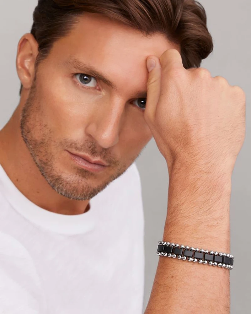 Men's Sterling Silver Anthem Obsidian Bead Skull Stretch Bracelet