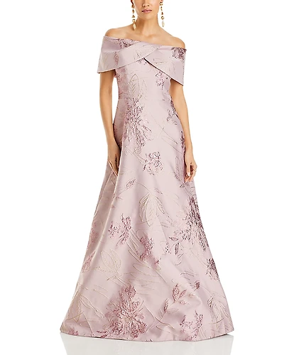 Teri Jon by Rickie Freeman Off The Shoulder Metallic Jacquard Gown