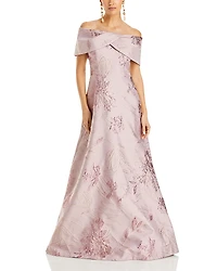 Teri Jon by Rickie Freeman Off The Shoulder Metallic Jacquard Gown