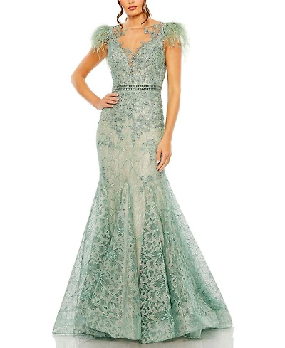 Embellished Feather Cap Sleeve Illusion Neck Trumpet Gown