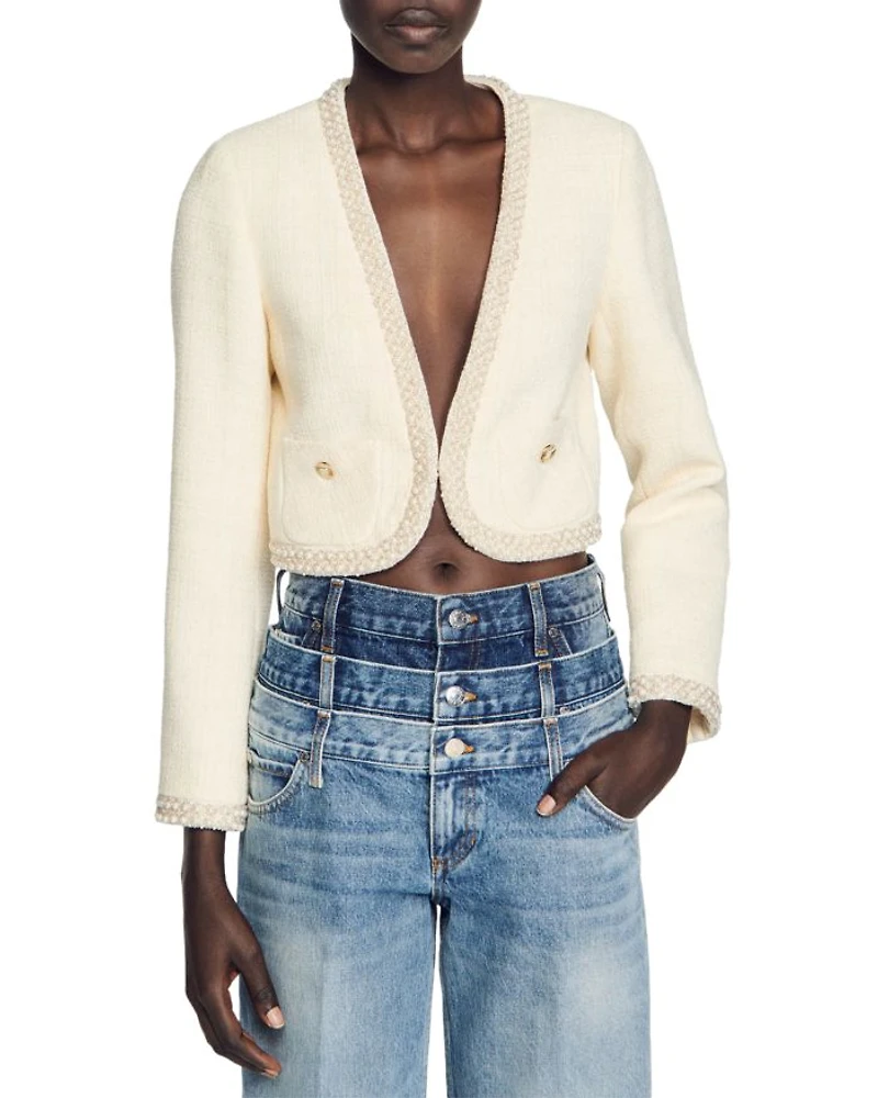 Bead Trim Cropped Tweed Jacket