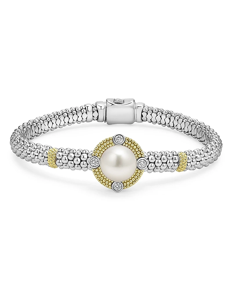 Lagos 18K Yellow Gold & Sterling Silver Luna Cultured Freshwater Pearl & Diamond Caviar Bead Bracelet