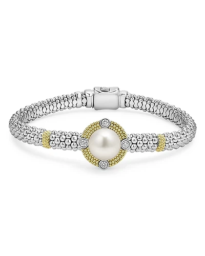Lagos 18K Yellow Gold & Sterling Silver Luna Cultured Freshwater Pearl & Diamond Caviar Bead Bracelet
