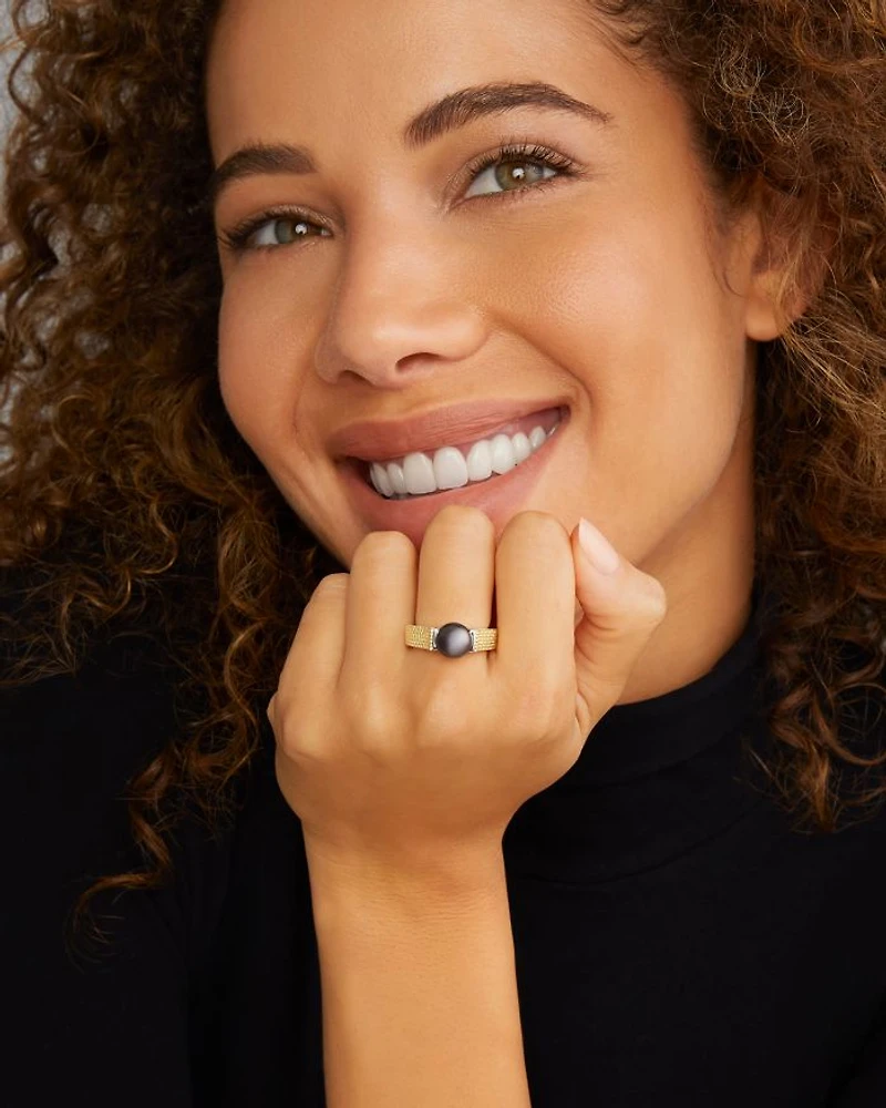 18K Yellow Gold & Sterling Silver Luna Black Tahitian Pearl Caviar Bead Ring
