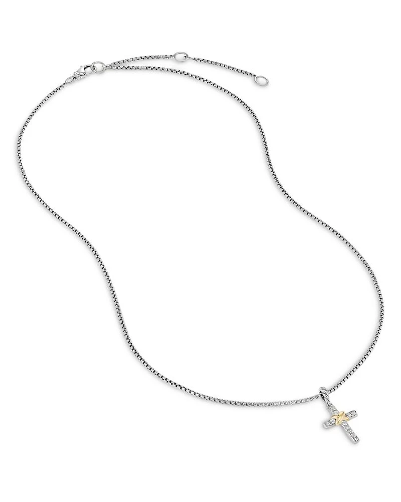 Petite Cross Necklace in Sterling Silver & 18K Yellow Gold with Diamonds, 17"