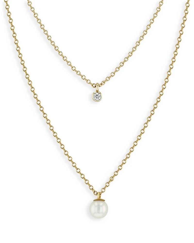14K Yellow Gold Pearls Cultured Freshwater Pearl & Diamond Layered Pendant Necklace, 16-18"