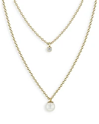 14K Yellow Gold Pearls Cultured Freshwater Pearl & Diamond Layered Pendant Necklace, 16-18"
