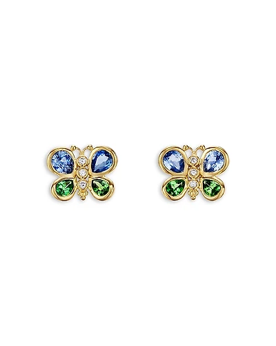 Temple St. Clair 18K Yellow Gold Cl Color Blue Sapphire, Tsavorite & Diamond Butterfly Stud Earrings