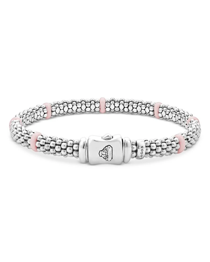 Sterling Silver Pink Caviar Ceramic Bead Link Bracelet