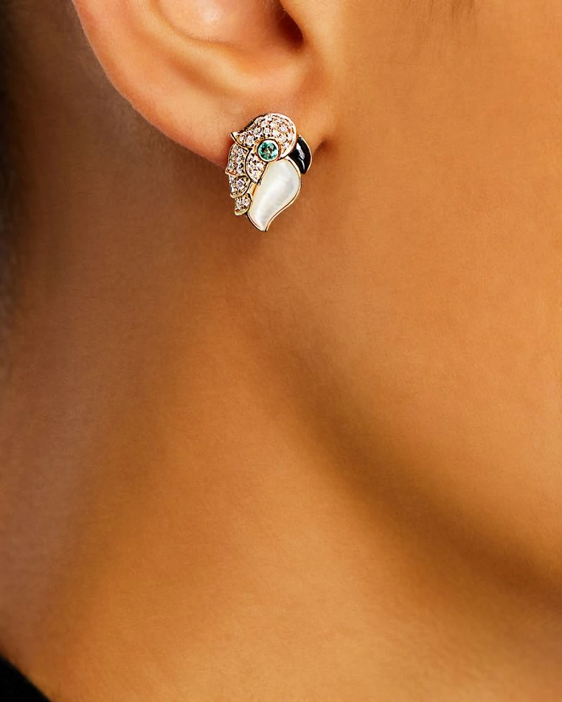 Emerald, Mother of Pearl, Onyx, & Diamond Bird Stud Earrings in 14K Yellow Gold